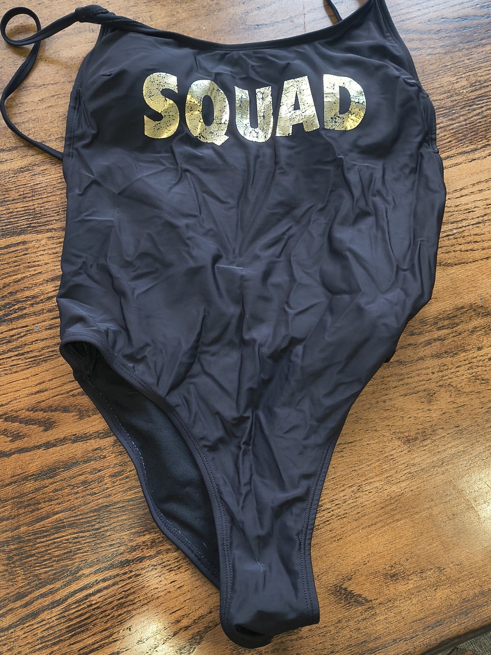 No Boundaries Black One-Piece Swimsuit with Gold "SQUAD" Print